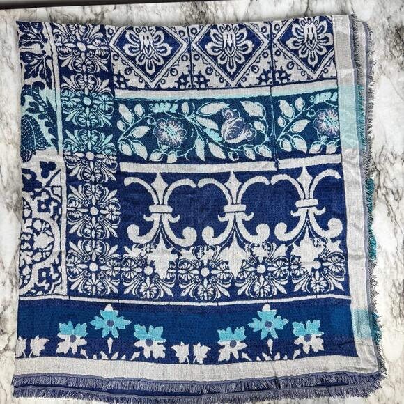 J. Jill Blue 46” X 46” Square Fringed Scarf Wrap Large Floral Geometric - Picture 6 of 8
